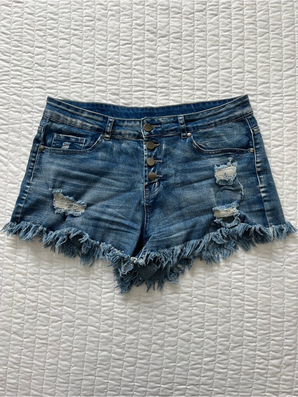 Distressed Frayed Hem Denim Shorts - Blue